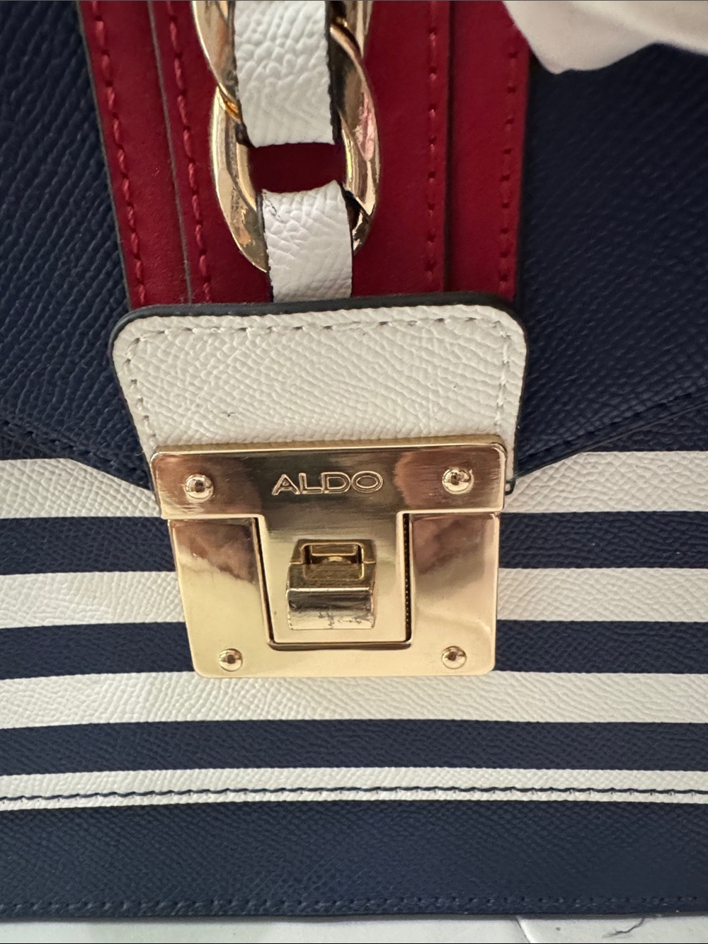 ALDO Navy and White Striped Top-Handle Satchel with Red Accent - Picture 4 of 7
